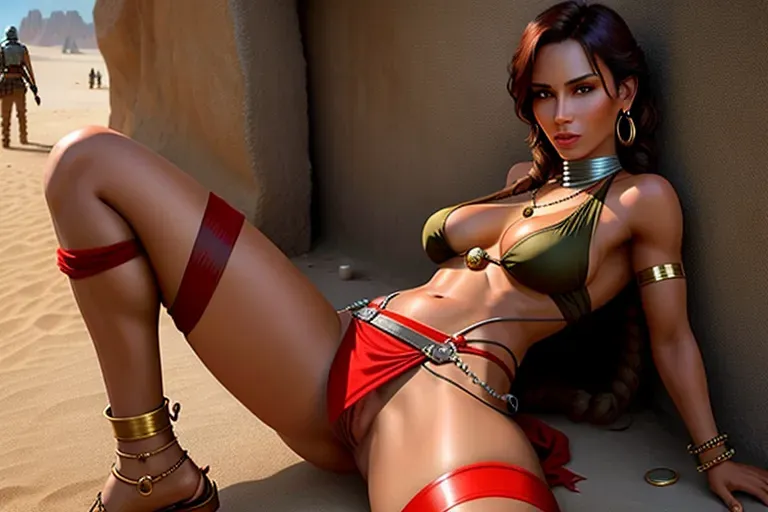 lara croft in star wars slave outfit, red loincloth, jewelry, bracelets, ankle bracelets, metal chain around neck, gorgeous pussy, gorgeous breasts