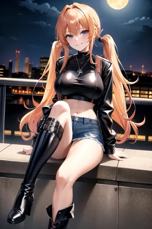 full body, strawberry blonde hair, hazel eyes, short girl, denim miniskirt, black high heeled boots, looking at viewer, long hair, pale skin, silver necklace, black crop top, 24 years old, giant breasts, cute face, pov, wavy hair, city environment, Oklahoma City, wide eyes, erotic, skirt tug, leather jacket, nighttime, black backpack, slim body, low pigtails, sitting on wall, smiling
