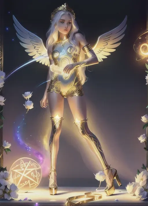 (Masterpiece) 8k resolution, hyper realistic,
Realistic beautiful face, glowing eyes,
<slim body>, <small breast>, goddess,
view of full body,
light complexion, sexy,
White long hair, gold jewelry,
perfect lighting, deity,
cotton candy nebulas background,
Third eye open,
Magical runes, sigils, crystal,
Flowers, angelic wings, wearing high heels, wearing lace one piece bodysuit