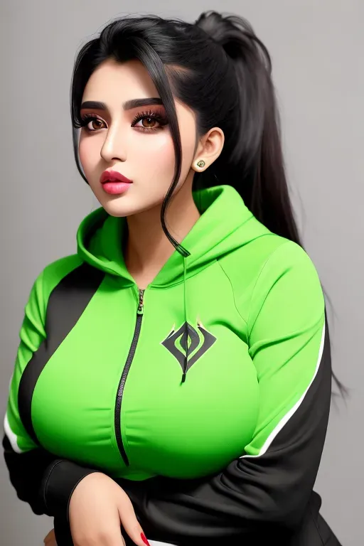 Gorgeous pakistani woman, photo gorgeous attractive face, huge plump bimbo lips, medium boobs, black hair, ponytail, sexy, tight zipped hoodie, photorealistic, best quality, ultra high resolution