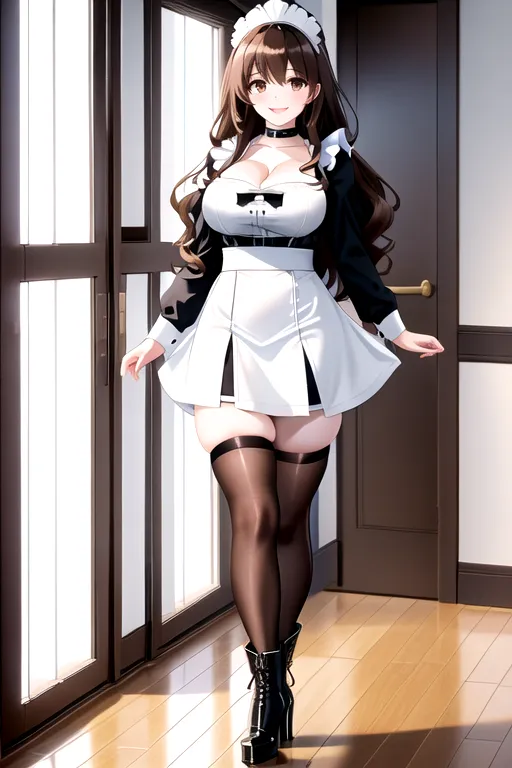 thigh high socks, miniskirt, white maid uniform, brown hair, choker, brown eyes, pale skin, giant breasts, boots, cleavage, high heels, looking at viewer, walking across room, living room, 1girl, smiling, wavy hair, 8K, Full body photo