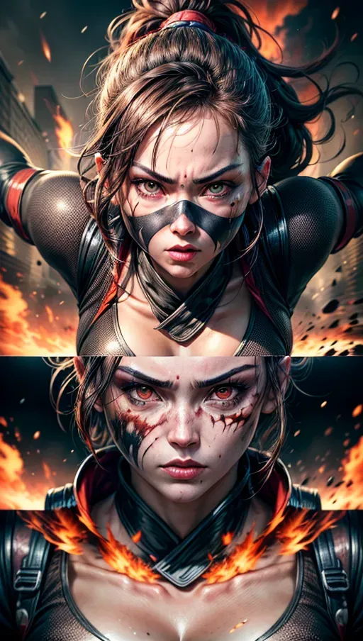 A digital photograph of, professional photograph, a beautiful kunoichi is jumping out of an exploding building, (((full ninja suit))), (masked mouth), (bleeding wounds), ((burnt face)), highly detailed eyes, perfect eyes, ((furious look)), beautiful face, highly detailed face, (((huge explosion in background))), kunais flying towards the camera, action scene, <lora:dpmg_add_detail:1.2>, (full face in frame), (face close-up), five fingers per hand, cinematic composition, UHD, HDR, highest quality, highest resolution, (photorealist:1.2), (photorealism:1.2), (masterpiece:1.4)