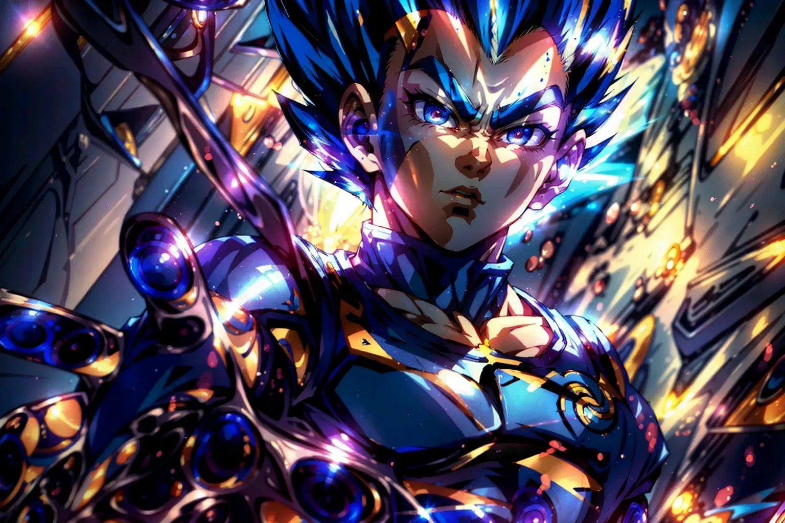 Vegeta, blue hair, detailed, global lighting, ((masterpiece)), 8k wallpaper, high quality