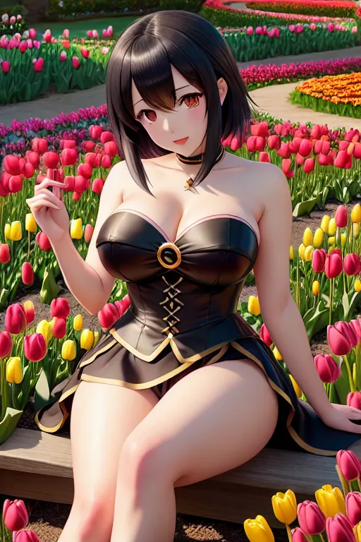 a illustration of,megumin,naked,sitting on bent knees,in a tulip garden,big breasts,five slender fingers,fishtail hair,beautiful face,beautiful lips,black eyes,curved eyebrows,curved eyelid,pale skin,peaceful,wearing golden ring,unreal engine,pixiv,smooth,professional,cinematic lighting