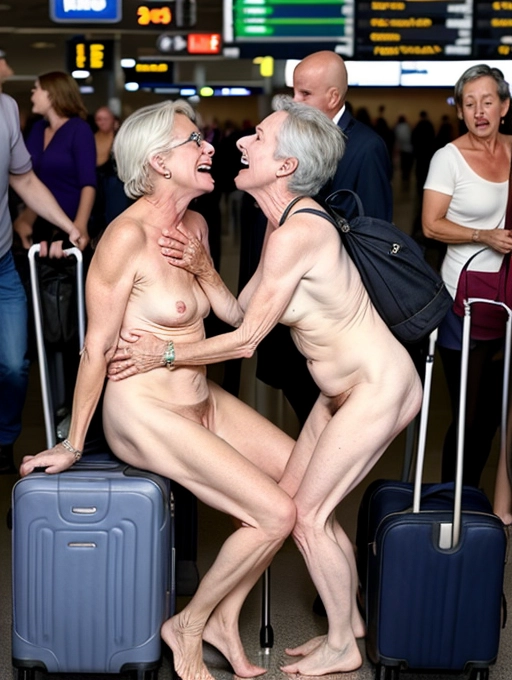 two naked and sexually aroused mature women are about to have public sex with each other in a crowded airport