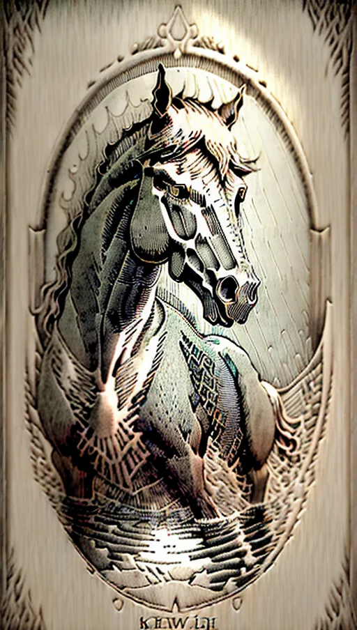 (Etching:1.5) vintage line etching style, mythical kelpie water horse, an optical illusion of a skull which is actually a horse in water. Irish art, Scottish art, Kelpie:1.2