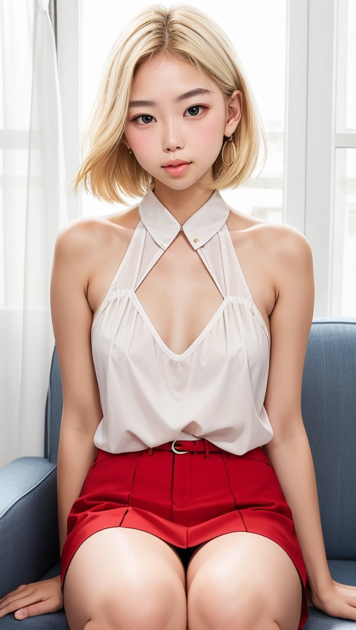 18yo, 140 cm, blonde, short straight hair, ((detailed face)), medium build, short face, square face, (wide face:1.2), <lora:dpmg_add_detail:0.3>, large eyes, (wide nose:1.3), (wide lips), thin upper lip, heart shaped lips, round chin,
thick arms,
full-length white sleeveless shirt, string halter tied in back, straight short low-waist red summer miniskirt with white dots no pleats,
dressed casually,
sitting on sofa, looking to left,