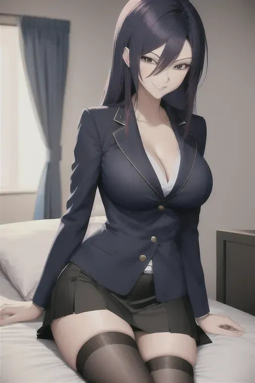 digital art, 18 year old, an anime girl, slim, medium breasts, navy blazer, black skirt, bed, night, indoor light, smirk, 8k, professional
