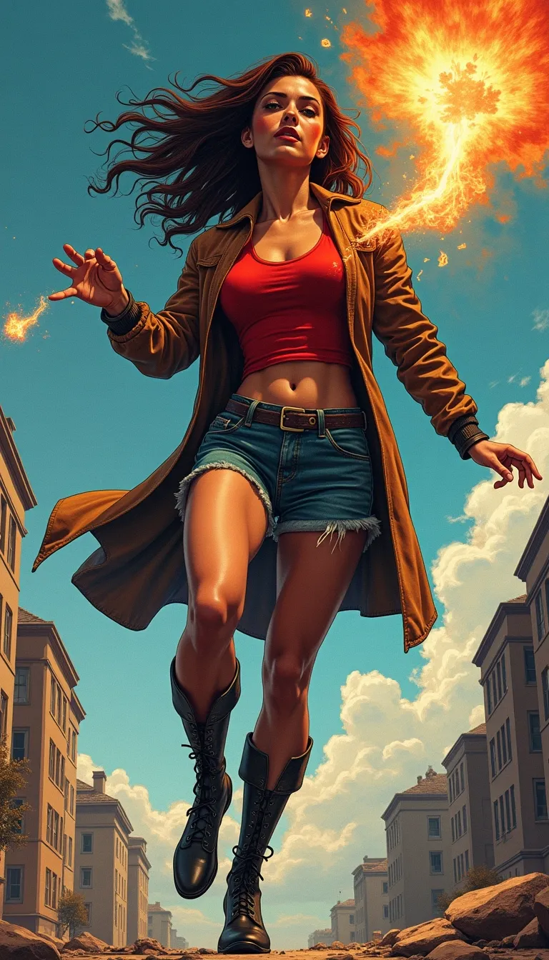 photorealistic and surrealistic film in a comic illustrations style by Mike Deodato,
(interesting unique diverse complex character design that can be a man or woman:1.2),(photorealistic detailed face:1.1),
(classic stereotypical over tuned retro comics body shape and anatomy),
big variation of colors , smooth pencil brush to create a composition of vivid colors, thick black outlines, flat shading, minimal highlights ,interesting detailed Foreground and background depth are clear giving visual complexity to the scene,
(dynamic diversity of different angles with dynamic distance to person to create a powerful dramatic cinematic intense action image as our hero uses their supernatural powers:1.3),
(Our hero is a heroic brave confident attractive woman in their mid twenties:1.1), (the hero´s Ethnicity origin is fully random and representing a blend of all types of global human diversity:1.2), (interesting diverse hair color that matches the person´s origin and personality ),
(human hands with five fingers per hand),(toned athletic stomach), skin is slightly glistening with sweat,(makeup matches the person´s personality),
Our hero is in a dynamic pose depending on what the person is doing,
interesting random diverse renown famous places in the world with dynamical correct detailed background with correct interior or exterior) ,
person is wearing functional heroic clothes that fits the person´s personality and the activity the person is doing, (the persons outfit can have multiple layers of clothing),
Person’s face expression is dynamic and fits the mood and scene the person is in,
(avoid all types copyrighted iconic logos icons brands)