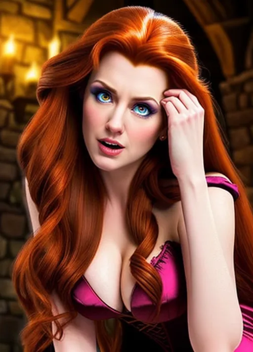 low angle hypnotized sweet Beautiful youthful entranced auburn haired Queen Anna of Arendelle sharing a dark embrace and passionate kiss of the stoic and debonair Van Dyke goatee raven haired Dracula his fangs bared as she pulls her hair to one side arching her neck preparing to receive his vampiric bite, in the the very dark cramped spooky cobwebbed halls of a haunted house photorealistic.