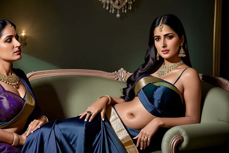 a oil painting of,Katrina Kaif,navy blue saree,sitting on sofa, next to old woman, pale skin, green saaree, indian woman, face details,five fingers per hand,silky hair,charming face,beautiful lips,brown eyes,inside house,surreal,studio lighting,cinematic lighting,editorial,sharp focus