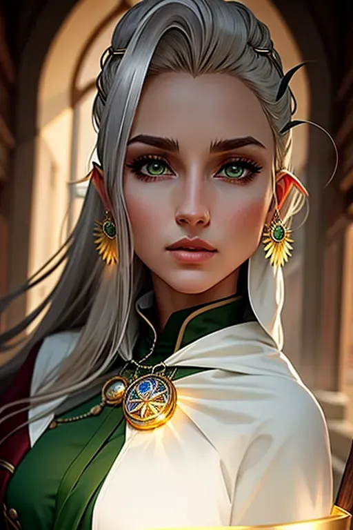 Light earth-toned cloak adorned with sacred symbols, Form-fitting dark green tunic, Earthy-hued pants, Deep burgundy cape draping down his back, Hood that can be pulled up, Golden eyes with intense gaze, Finely crafted silver chain around waist with old pocket watch with celestial motifs, Quiet confidence and charisma, Former thief turned cleric, Connection to nature and cleric calling, Resourcefulness and adaptability, Seek to make a positive impact on the world, half elf