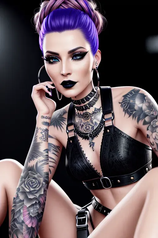 realistic,detailed,full body,image of,a striking and beautiful naked woman,sitting with her legs spread,wearing a strap-on harness that is holding a large dildo,having a petite figure,skinny,having small breasts,having long and straight and colorful neon or pastel hair in French braids,having blue eyes,having soft facial features,having a cool complexion,having fair skin,having hoop earrings,having long eyelashes,dark eye liner, long eyelashes and dark mascara,smoky eye shadow,wearing black lipstick,fully tattooed,heavily tattooed,fully pierced,heavily pierced,8k,cinematic lighting,unreal engine,detailed realistic face, detailed realistic body,detailed realistic skin,detailed realistic hair,detailed realistic eyes,detailed realistic makeup,detailed realistic tattoos,detailed realistic piercings,detailed realistic jewelry,detailed realistic hair