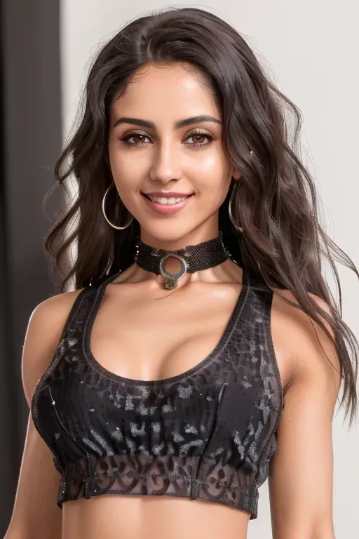 A 8k resolution photo shot of a beautiful woman, very compassionate and friendly, (pretty teeth), ((detailed hair features)),(((detailed facial features))),((detailed body features)),(detailed arms features),(extremely textured skin),((beautiful lips)),((highly detailed)), wearing a choker, wearing a low cut tank top, ((thin tank top)), (((see through crop top))), (((perfectly placed nipples)))