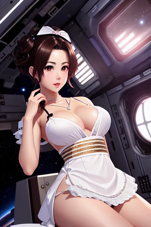 a illustration of,rio yamashita,wearing maid clothes,sitting,in the space station,small breasts,five fingers per hand,short thick hair,gorgeous face,beautiful lips,brown eyes,curved eyebrows,pale skin,romantic,wearing necklace,pixiv,professional,ultra realistic,highly detailed,studio lighting