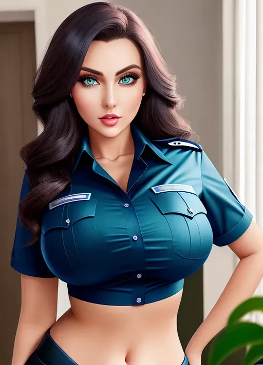 Gorgeous European woman, raven-haired beauty, enormous gigantic boobs, (gigantic boobs), photo gorgeous attractive face, green eyes, huge bimbo lips, slim waist, blue policewoman button-down uniform shirt, photorealistic, best quality, ultra high resolution