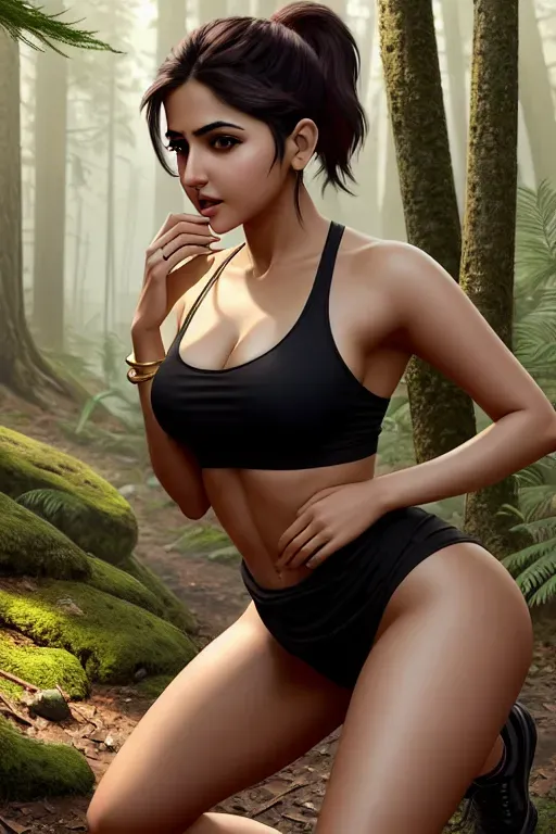 a color pencil draw of,anushka sharma,wearing tank top,squatting,in the forest,five fingers per hand,ponytail,gorgeous face,beautiful lips,black eyes,curved eyebrows,curved eyelid,textured skin,erotic,wearing golden ring,8k,pixiv,cgsociety,surreal,bokeh nude