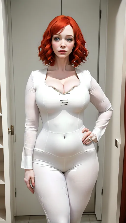 A photograph of Christina Hendricks standing up in a white, linen unitard