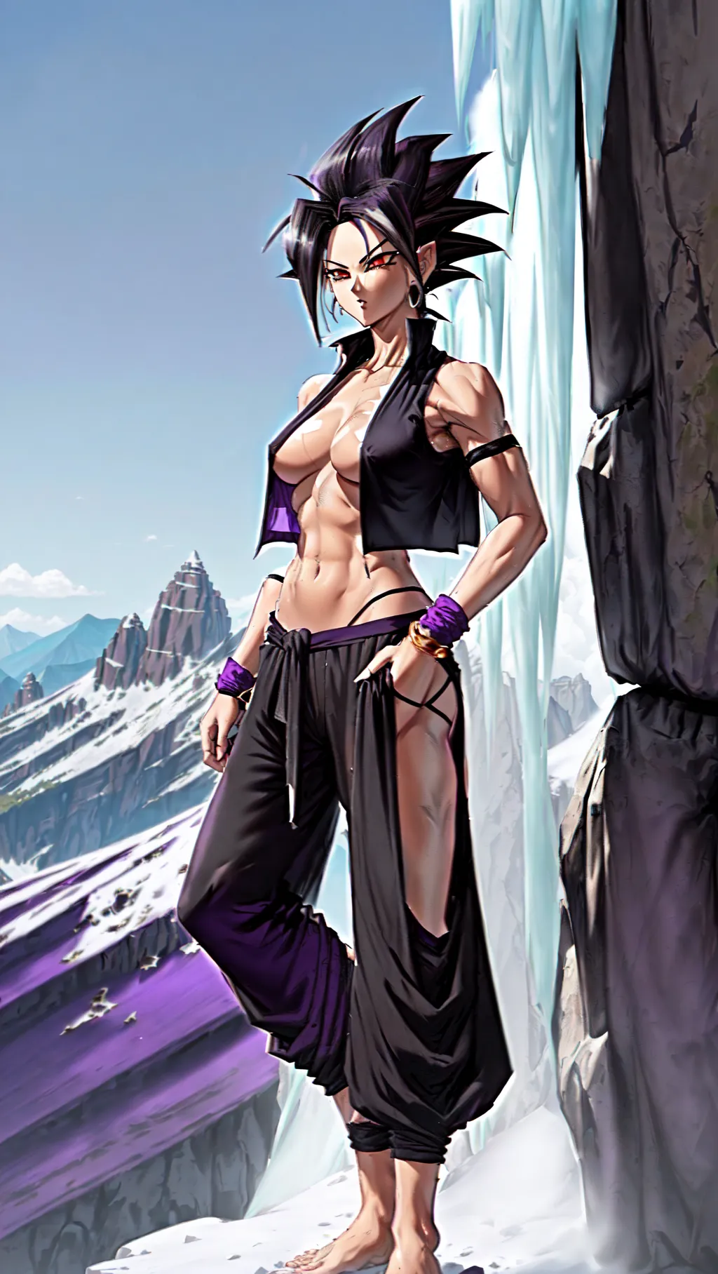 full-body image of slender topless barefoot Caulifla with erect nipples on a mountaintop, (Caulifla: 1.3), (Saiyan: 1.2), (Dragonball: 1.2), (topless: 1.2), (black wrist guards: 1.3), (baggy purple pants: 1.3), (wild black hair: 1.2), (barefoot: 1.2), (slender body: 1.2), (ice covered: 1.2), (tan: 1.2), (feminine: 1.3), (wearing black open vest: 1.3), (1 girl: 1.2),