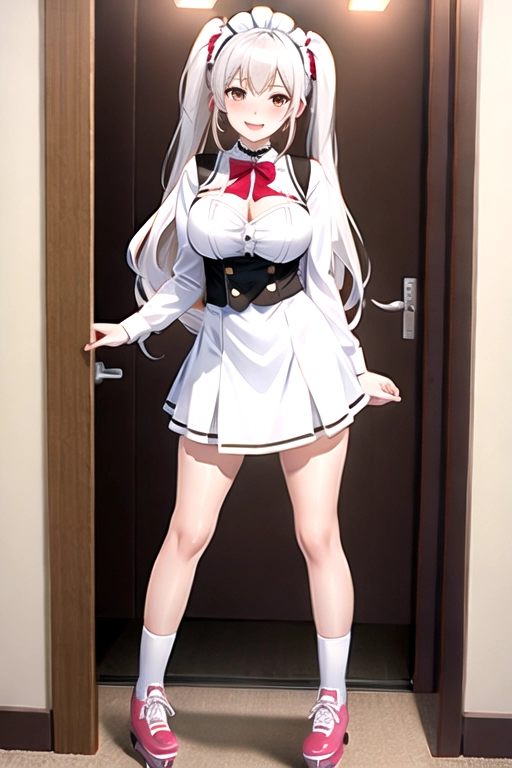8k quality, brown eyes, pale white skin, white hair, giant breasts, cleavage, looking at viewer, pov, long hair, wavy hair, standing in bedroom, maid uniform, roller skates, miniskirt, pigtails, full body photo, smiling