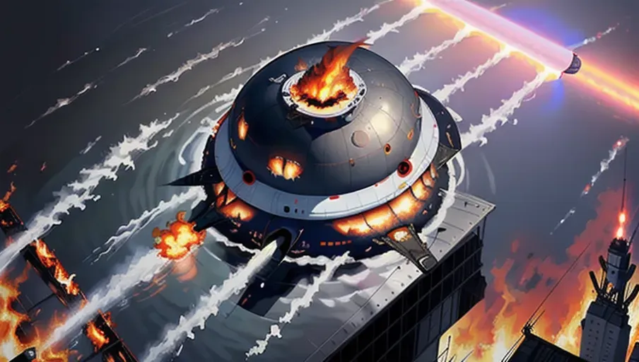 Masterpiece of realism, digital painting style, (Top view of unusual ufo On fire, daytime crash-landing in water lake ufo crash site