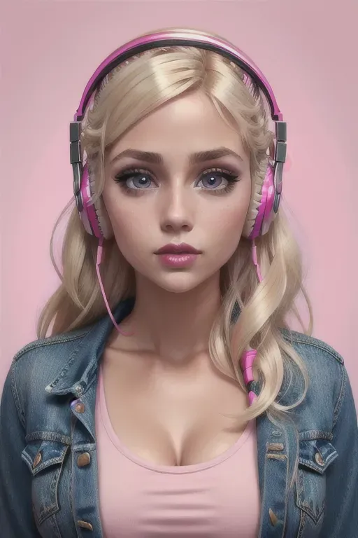 Dopamine Girl Bimbo Caucasian Blonde Hair Late Twenties Pink Headphones Head Facing