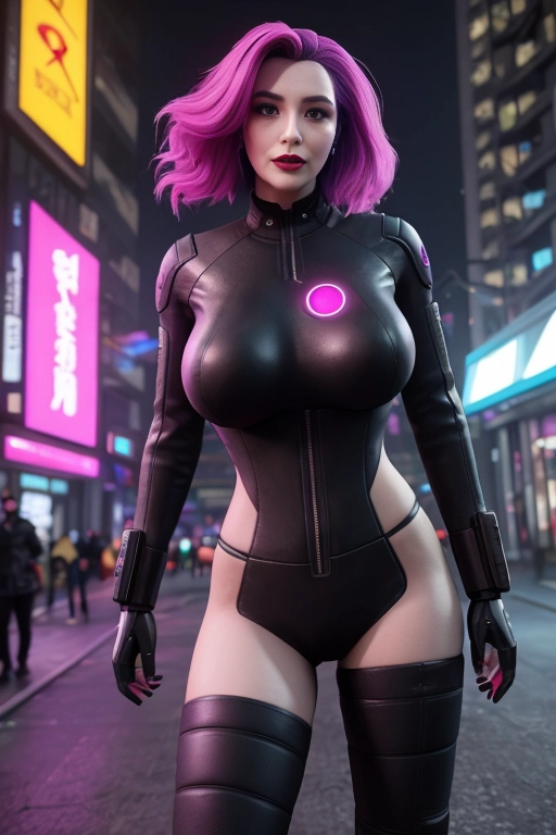 Pretty female android with colored magenta eyes,big round firm breasts, magenta hair, wearing a black jacket, cyberpunk, outdoor, street, hyperrealism, photorealistic, 8k, unreal engine, 3d render --ar 9:16 --niji 5 --style expressive --s 400