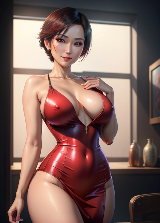 ada wong, dress, (nipples), breasts, highres, absurdres, masterpiece, best quality, ultra-detailed, illustration,colorful, masterpiece, best quality, ray tracing, 4k, soft lighting, tracing, soft shadows, aroused, smile, photomodel, photostudio, (no panties)