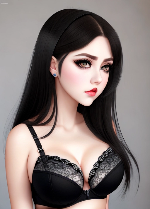 Gorgeous cute girl, simple grunge makeup, pale colored eyes, big wide doe eyes, black hair, big lips, high riding huge boobs, full bra, photorealistic, best quality, ultra high resolution