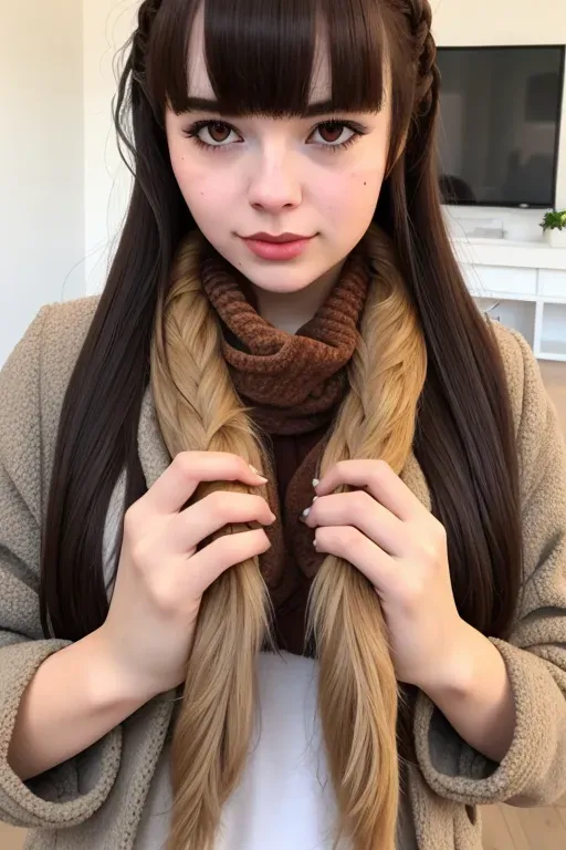 Fellatio, brown hair, bangs, braids, bald pussy, plush scarf, plush jacket, fur_trim.