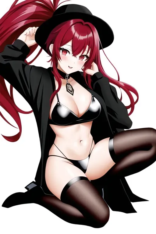 A half black half red haired anime male wearing goth clothing mixed with thigh high socks and panties anime Male short boy hair no tits