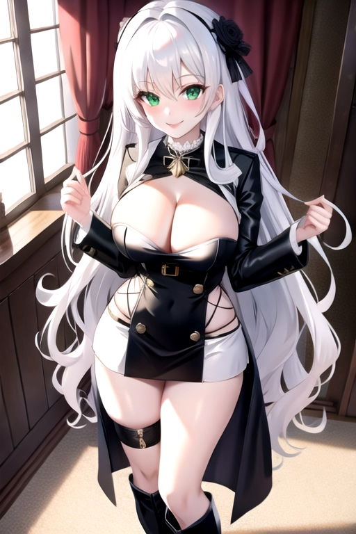 8k quality, green eyes, pale white skin, white hair, giant breasts, cleavage, looking at viewer, pov, long hair, wavy hair, full body photo, standing in living room, smiling, black minidress, miniskirt, high heels, thigh high boots, choker