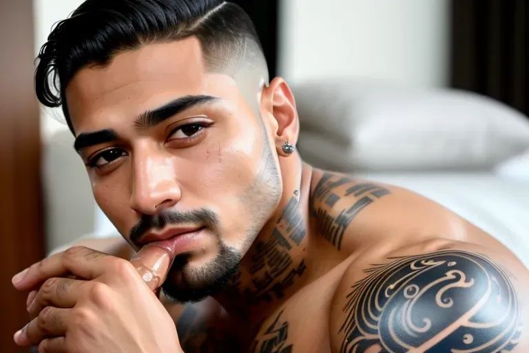 masterpiece realistic, high-quality image, high-resolution photograph (8k) of fully nude Maluma on his knees sucking dick (a very thick veiny penis in his mouth) his face covered in cum (very highly detailed face, high-resolution accurate eyes, very realistic handsome Colombian face (light stubble) accurate highly detailed textured skin (pores), accurate tattoos), cum dripping from his chin and mouth in perfect light