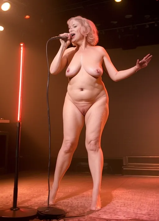 A naked mature lady night club singer, saggy and natural shaped hanging breasts, middle aged female body shape, enjoys her naked performances at a seedy night club where her audience can get a close look at her naked and nasty creamy pussy while she sings on stage, detailed aroused and creamy vagina,