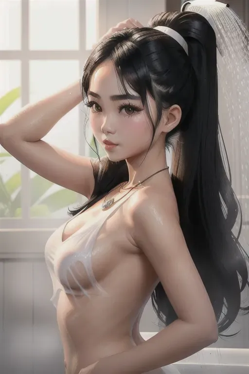 a illustration of,a vietnamese girl,naked,washing hair,arched back pose,in the shower,five slender fingers,long hair,gorgeous face,beautiful lips,detailed large eyes,curved eyebrows,curved eyelid,cosy,wearing necklace,ultra realistic