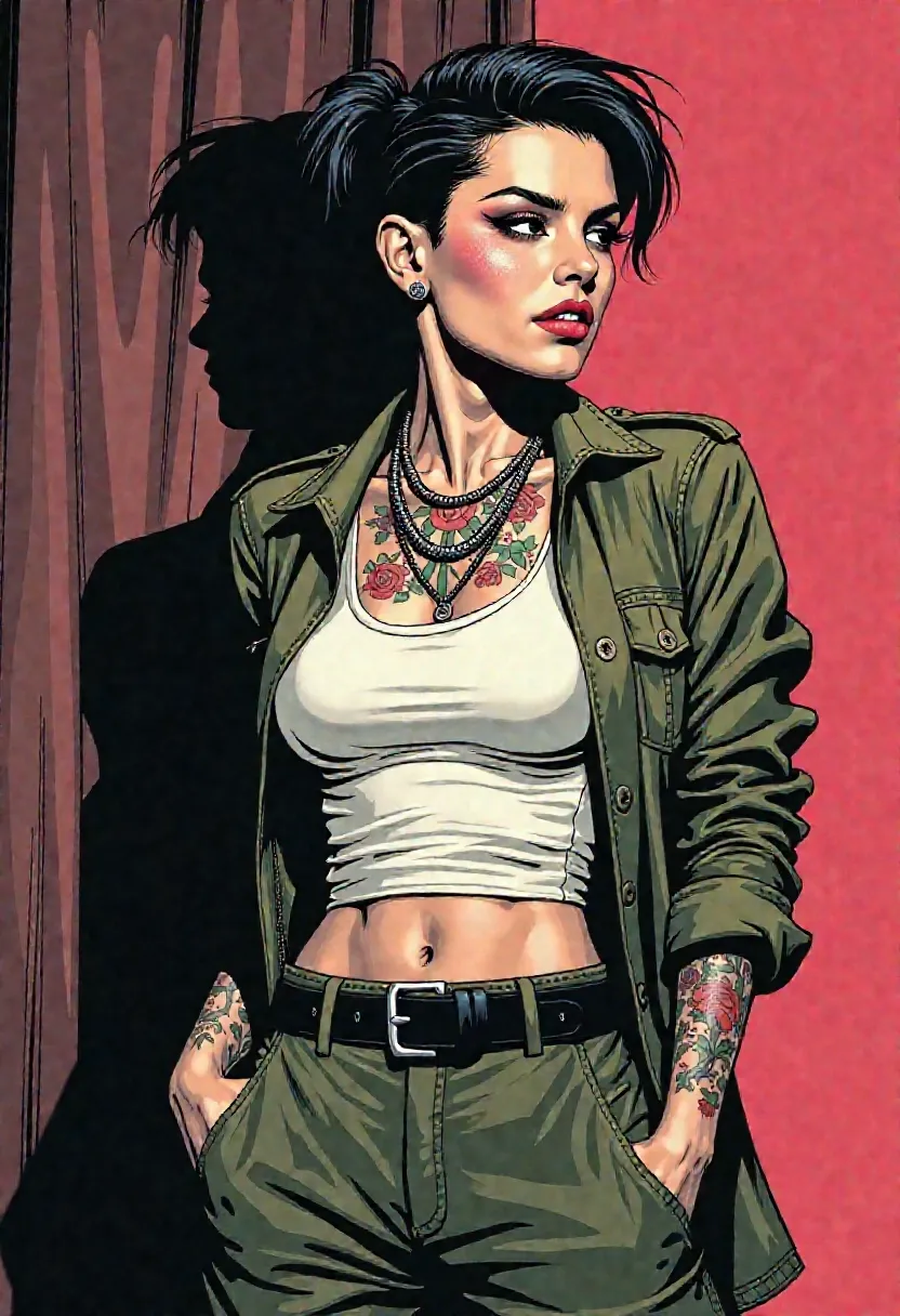 Abbi Rose, punkrock girli with itty bitty chaos and grown-ass posture, illustrated in hand-drawn realism with graphic noir contrast and pop-art edge
petite frame, fauxhawk cropped in faded magenta, razored sides and jagged pixie tufts like static frozen in motion, angular features under hard shadow, wide eyes ringed in black, neon pink lips parted in a cracked grin
bright white fitted tank top dusted with glitter and smeared makeup, clings taut across her frame
(black and green vertically striped army-style jacket:1.4), (sleeves rolled high), stripe pattern bold and graphic, breaking her silhouette like poster panel lines
vector-style rose tattoos bloom across her skin in varying size and placement, (sharp black and red linework), stylized like layered ink transfers on paper
dark olive green cargo pants with wide legs, clean and oversized, cinched at the waist with a black leather belt
small silver chains loop her neck, staggered and uneven, catching light like stage debris
posed in 3/4 portrait from head to mid-thigh, body angled slightly off-axis, hip tilted, expression unreadable but electric
framed on a dim sound stage with vague background scaffolding and curtain folds, noir-style lighting slices across her jaw and collarbone, bloom softens glitter detail, shadows fall heavy in stylized ink, like a graphic novel cover shot that knew she'd become myth