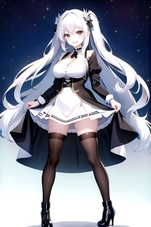 8k quality, brown eyes, pale white skin, white hair, giant breasts, cleavage, looking at viewer, pov, long hair, wavy hair, full body photo, smiling, tights, minidress, miniskirt, black boots, black choker, high heels
