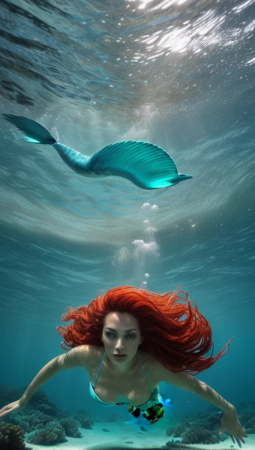 location - hidden lagoon with clear turquoise water, surrounded by rocky cliffs,
age - 30,
nationality - Greek,
type of woman - mythical, enchanting,
weather - sunny, midday, light reflecting off the water,
type of head - square, with prominent, elegant features,
type of eyes - deep green, wide, with a mesmerizing gaze,
type of nose - straight, classic,
type of lips - full, coral-colored,
type of hairstyle - long, curly, flowing freely underwater,
type of hair color - deep sea blue, with hints of turquoise,
type of emotional expression - captivating, serene,
type of nice teeth - pearl-like, flawless,
((high resolution photo)),
type of camera - Sony A7R IV with underwater housing,
type of camera settings - ISO 320, f-4, 1-200 sec,
camera angle - upward, capturing the mermaid from below as she swims near the surface,
type of close up - full body in mermaid costume, focusing on the mystical interaction with the underwater environment
