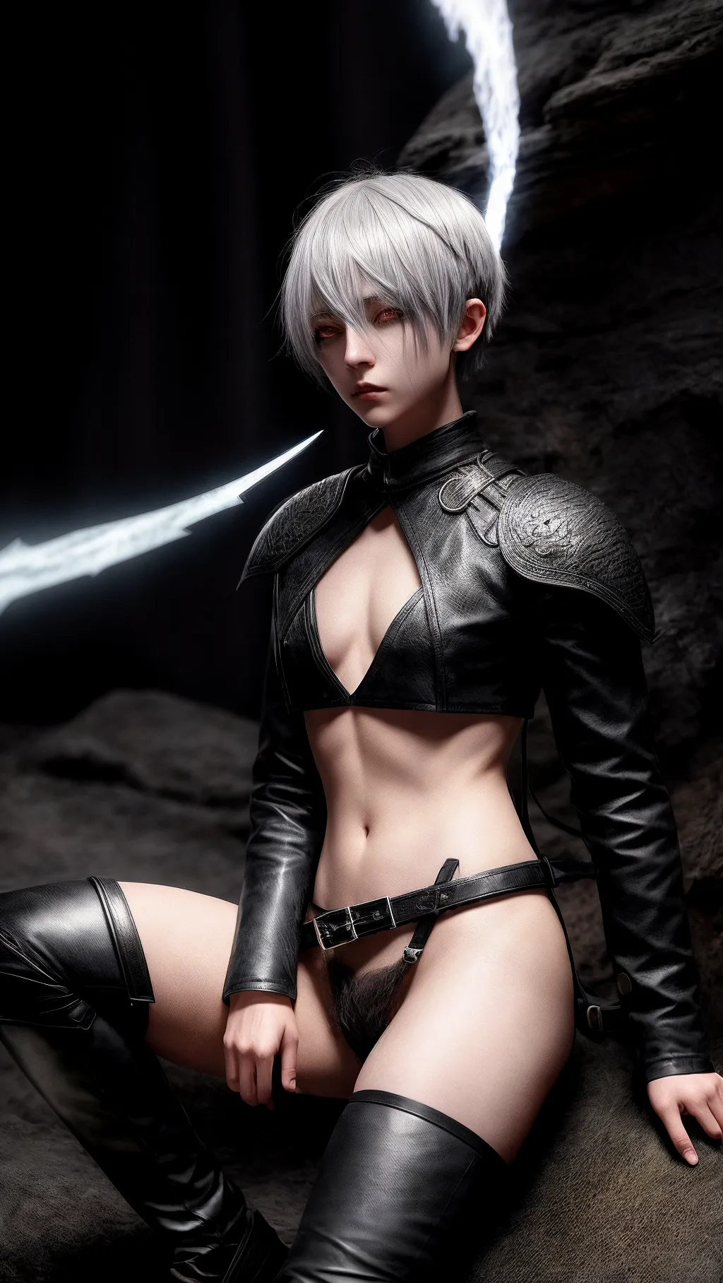 8k, raw photo, masterpiece, dungeons and dragons, changling character, grey hair, hair cut short on side, long bangs over one eye, black eyes, lithe figure, dark aura,
Leather armour, straps, belt, buckles, black trench coat, daggers on belt, clothing exposes vagina,
Androgynous, cute, flat chest, exposed vagina, white pubic hair,
Absurd res, highly detailed, fantasy background, pixiv, cinematic lighting, sharp focus, <lora:dpmg_add_detail:1>, <lora:crotchless:1>,
