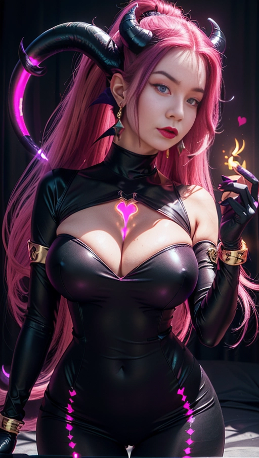 best quality, (((ultra high res))), (((detailed face and eyes))), (perfect face), big shining heart choker, earrings, jewelry, (((big glowing succubus mark))), ((((big glowing succubus bodymark)))), (((conjuring))), (witch), ((long voluminous hair)), (((black gloves))), ((pink hair)), straight hair, (((golden bracelet))), ((single ponytail)), (((huge hair cuff))), ((skintight neckholder dress with low neckline)), ((face closeup)), purple, (burgundy red lipstick), (((neckholder top with low neckline))), ((((demon tail)))), ((long sleeves)), ((purple glowing heart)), (((cameltoe)))
