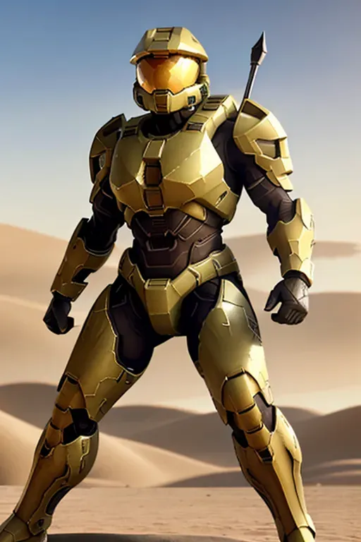 halo, female spartan, tan armor, thick thighs, helmet on, anime, male, 8k wallpaper, best quality, ultra hd, global lighting, hi-resolution, high quality, in the desert