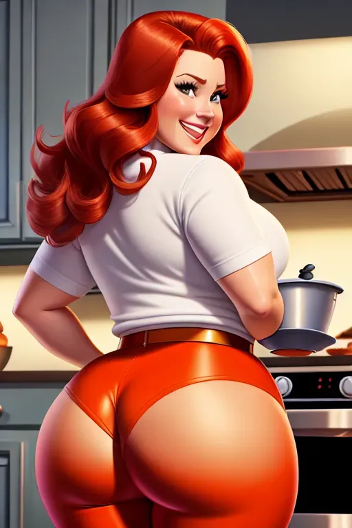 A digital painting of, a Disney mom, Mrs incredible, detailed face, beautiful,thick ass, thicc, in the kitchen, baking cake, overweight, obese, ginger hair, happy, smile, xxxl, big bum, big belly, chubby arms, skinny jeans