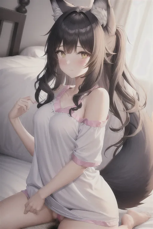 a girl riding her boyfriend., 1boy, 1girl, comfort, cute couple, fluffy wolf ears, fluffy wolf tail, in bed, detailed background, pajamas, girl is wearing nightdress, shoulders, boy is wearing a sport shirt, boy has wolf ears and wolf tail too, pussy exposed, penis penetrates her pussy