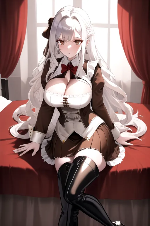 brown maid uniform, wavy hair, long hair, white hair, brown eyes, high heels, miniskirt, in bedroom, 4k, looking at viewer, pov, 1girl, cleavage, giant breasts, pale skin, silver earrings, thigh high boots