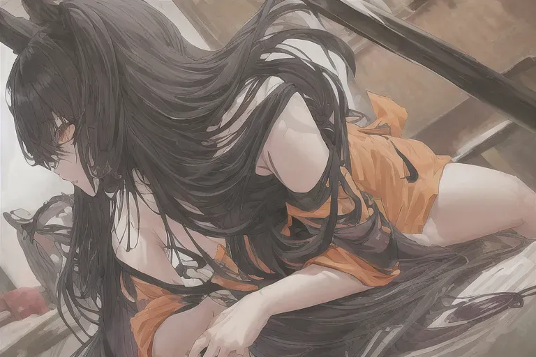 Hentai art of girl masturbating in public coffee shop in secret. Black long hair,orange hoodie,black shorts,people on background
