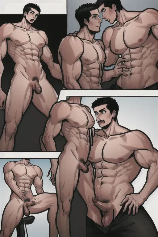 a 10page comic of a skinny man aborbing the muscle and cock off another man making the skinny man massive and hot