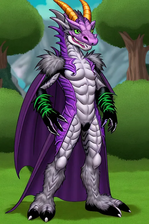 A male anthropomorphic dragon that has a medium snout and two bright green cocks he has a vertical black stripe in the middle of his whole body that fades outward into yellow and then fades into green.