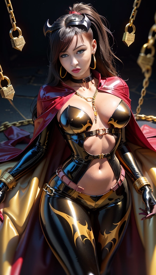 best quality, (((ultra high res))), (detailed face and eyes), (succubus), hearts, perfect face, necklace, choker, golden earrings, jewelry, tail, gloves, snake, gold, (single ponytail), Victoria Justice, black hair, long ponytail, hourglass body, snake coiling, pov from below, ((golden latex)), golden snake, ((handcuffs)), handcuffed, ((((chained)))), (tied up), chains, chain, (((golden symbiote suit))), ((((symbiote girl)))), (((succubus symbiote))), ((burgundy cape)), (((succubus wings)))