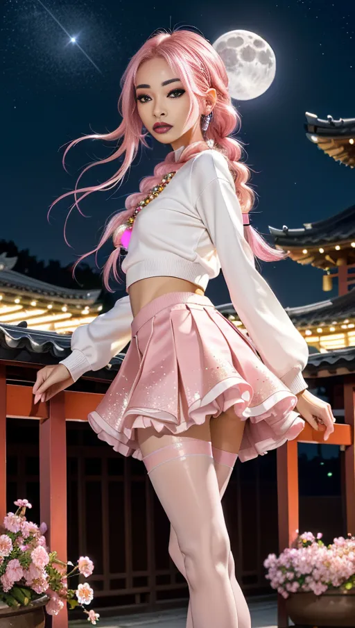 (Masterpiece) 8k resolution, hyper photo realistic, photo of (Nyane),
(Highly detailed face), ((skinny)),
((slim body)), ((small breast)), petite slender figure, sexy, long lashes, hot pink hair,
Long single braided hair with beads, glimmering sparkles in hair, loose fitting cropped sweater with long sleeves, platforms boots, perfect lighting, holding a trident, torn pantyhose under ruffled mini skirt, gradient pink background, stars in background, looking at the viewer, flower petals blowing in the wind, oriental buildings in background, full moon, full body view, wide lens
