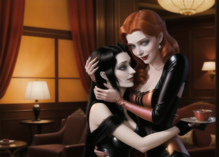 midnight in the luxury penthouse suite at Hotel Transylvania, Beautiful long auburn haired with large deep blue eyes Queen Anna of Arendelle in elegant black gothic style posing hypnotized, in the hungry embrace of her new vampiric very pale short black haired friend Mavis with a blood thirsty smile from Hotel Transylvania convincing Anna to join her as a vampire. photorealistic. photorealistic.